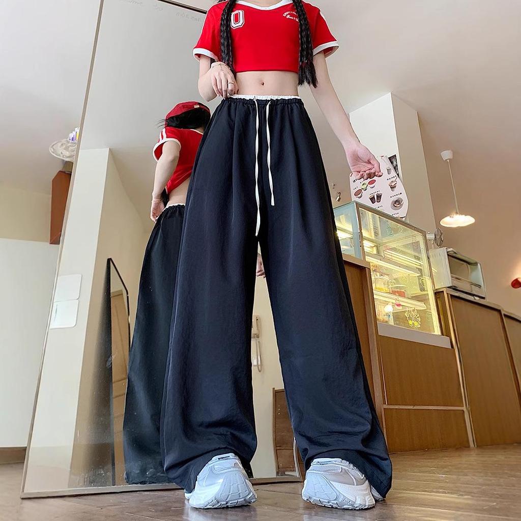 Korean Retro Colorblock Ice Silk Wide-Leg Summer Pants for Women