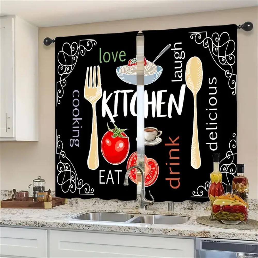 2pcs Farmhouse Kitchen Curtains Rustic Country Short Fork Spoon Knife Savor Vintage Window Treatment For Bedroom Living Room