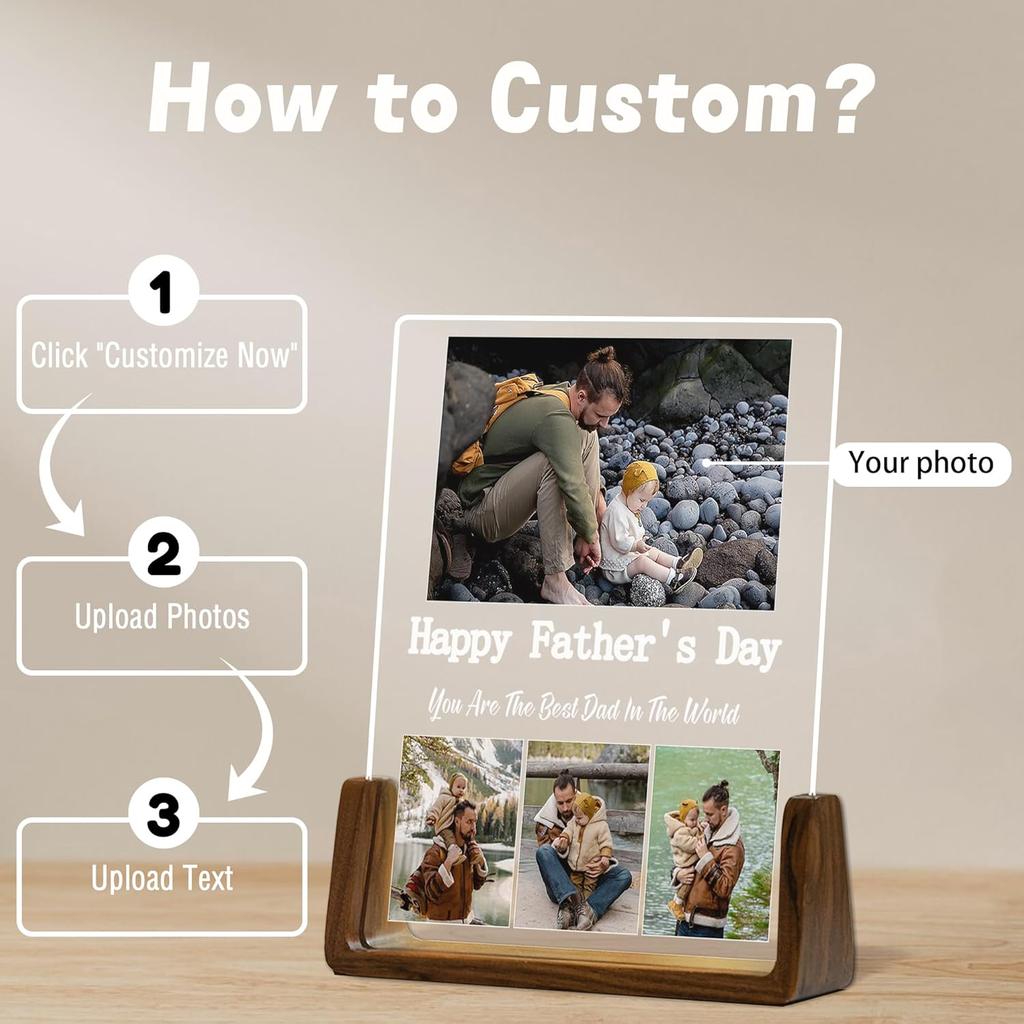 Custom Father's Day Gift for Dad, Photo Acrylic Plaque Personalized Night Light, Walnut Photo Frame with Night Light, Unique Romantic Birthday
