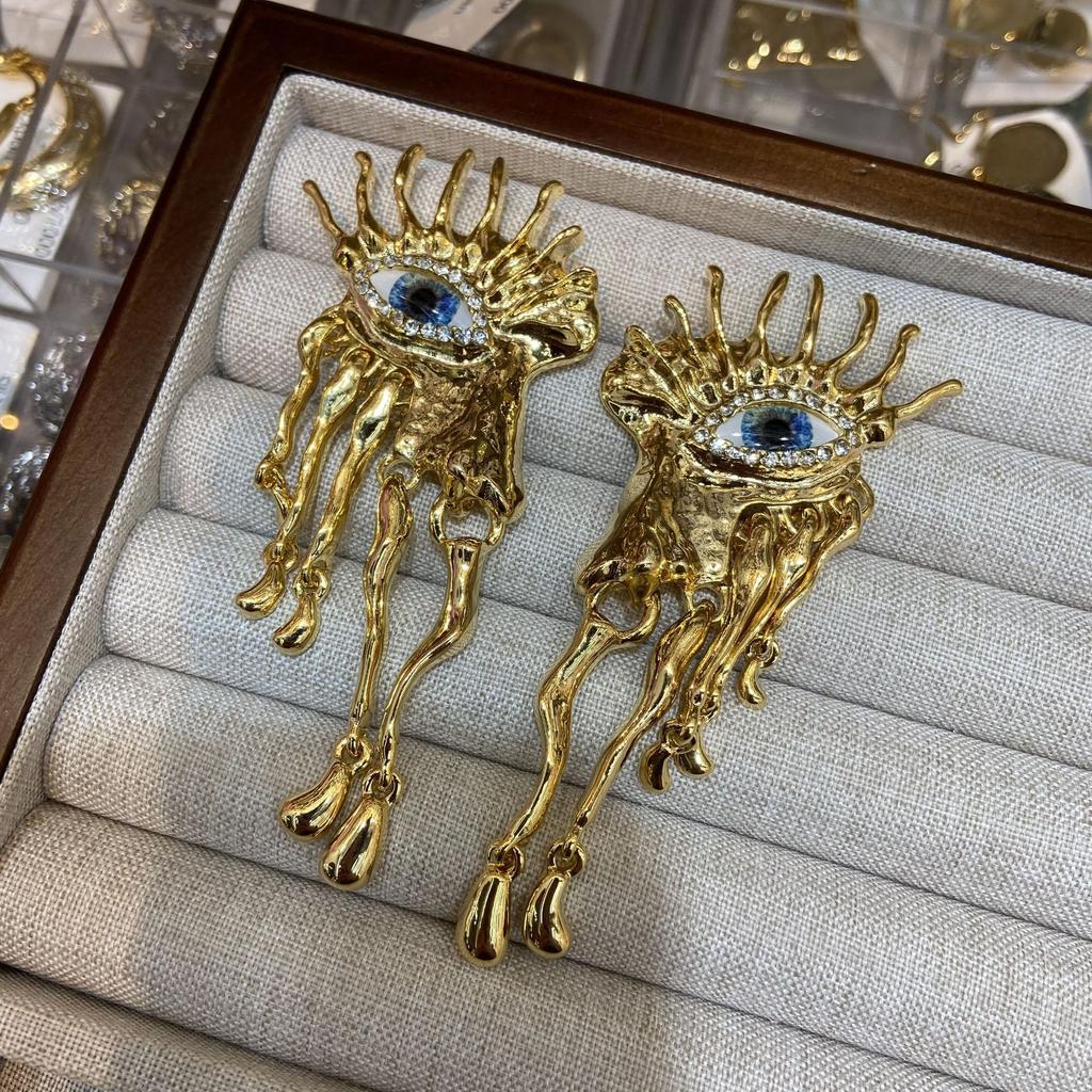Xia Pa Rui Li Eye Earrings Exaggerated Blue Eye Earrings Women'S Retro Fringed Copper Plated Real Gold Color Retention Earrings