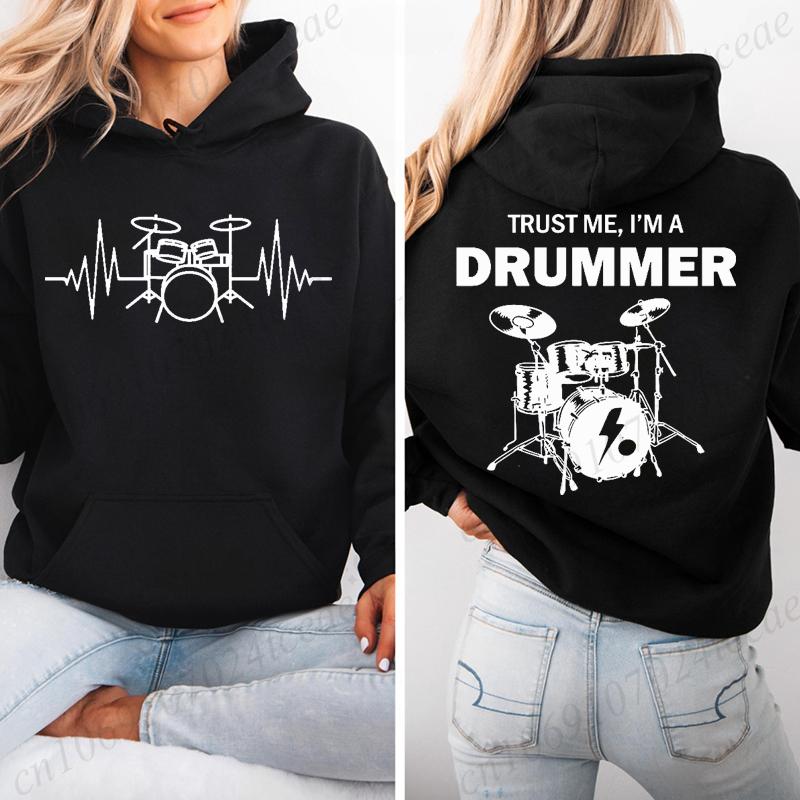 Autumn Fleece Hoodie Drum Heartbeat Print Hooded Drummer Fashion Sweatshirt Long Sleeve Top Drumming Music Musician Band Hoodies