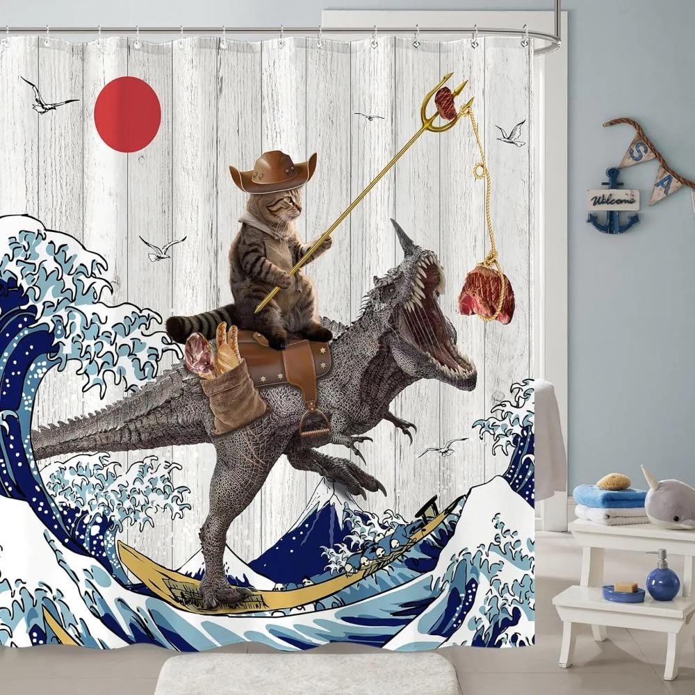 Funny Cat Dinosaur Printed Shower Curtain Ocean Wave Artwork For Bathroom Decor