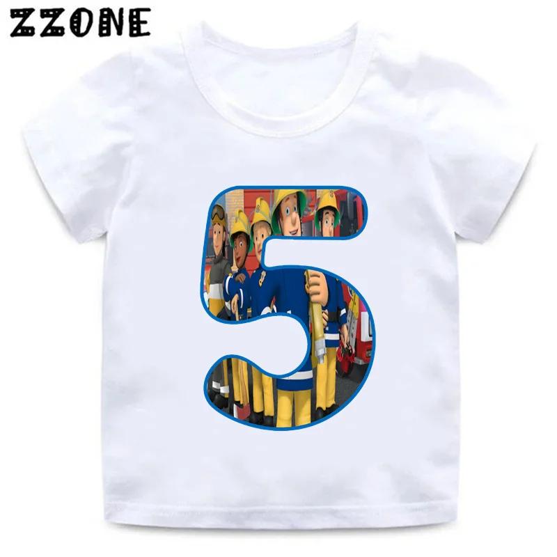 Fireman Sam Firefighter Print Cartoon Boys Clothes 1 2 3 4 5 6 7 8 9 Years Birthday Number Kids T shirt Cute Baby Girls TShirts