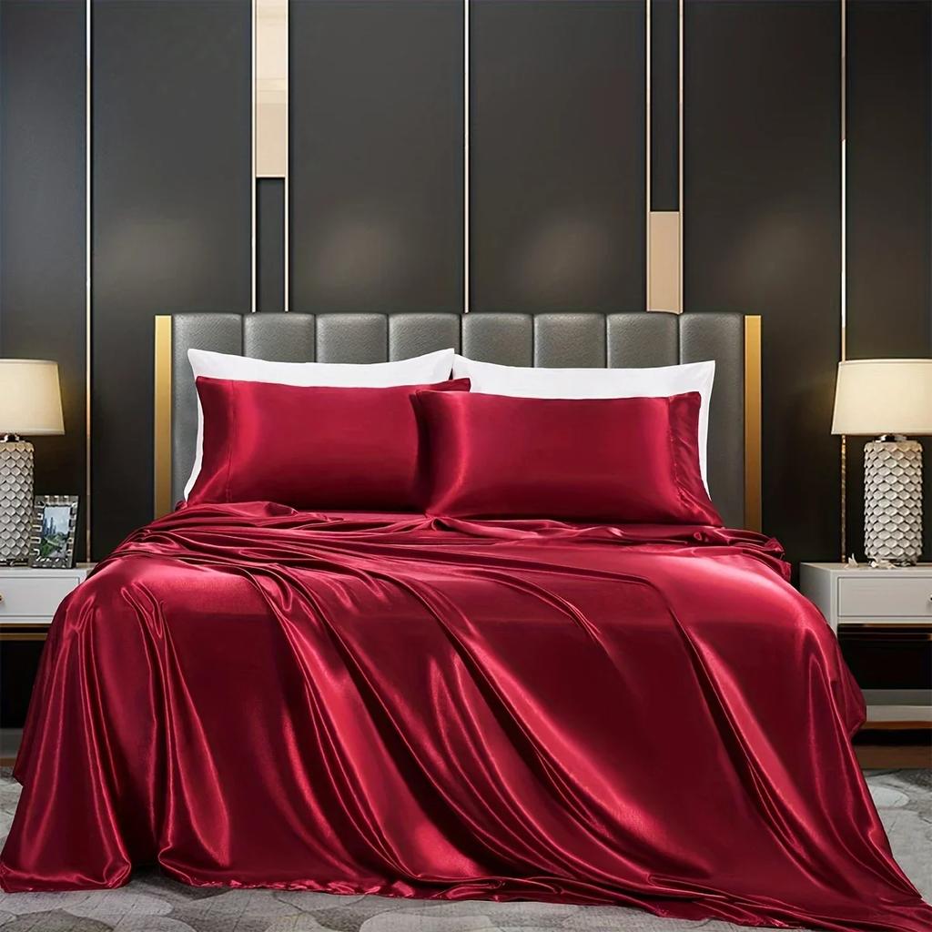 3/4Pcs Luxurious Satin Fitted Sheet Set Soft, Breathable, And Gentle On Skin Includes Flat Sheet, Fitted Sheet,Pillowcases
