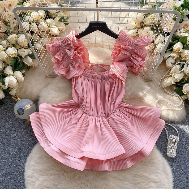 

2024 Европейская рубашка Бестселлер Тяжелая промышленность Плиссированные оборки На бретельках Шифоновая рубашка Приталенная Короткая Топ-качели Лист лотоса Женский Pink One size