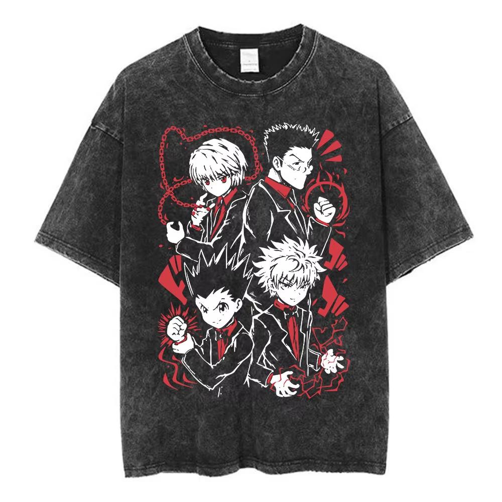 Vintage Washed Anime Hunter X Hunter T Shirts Spider Phantom Troupe Hisoka Chrollo Short Sleeve T-shirt Men Women T-shirt