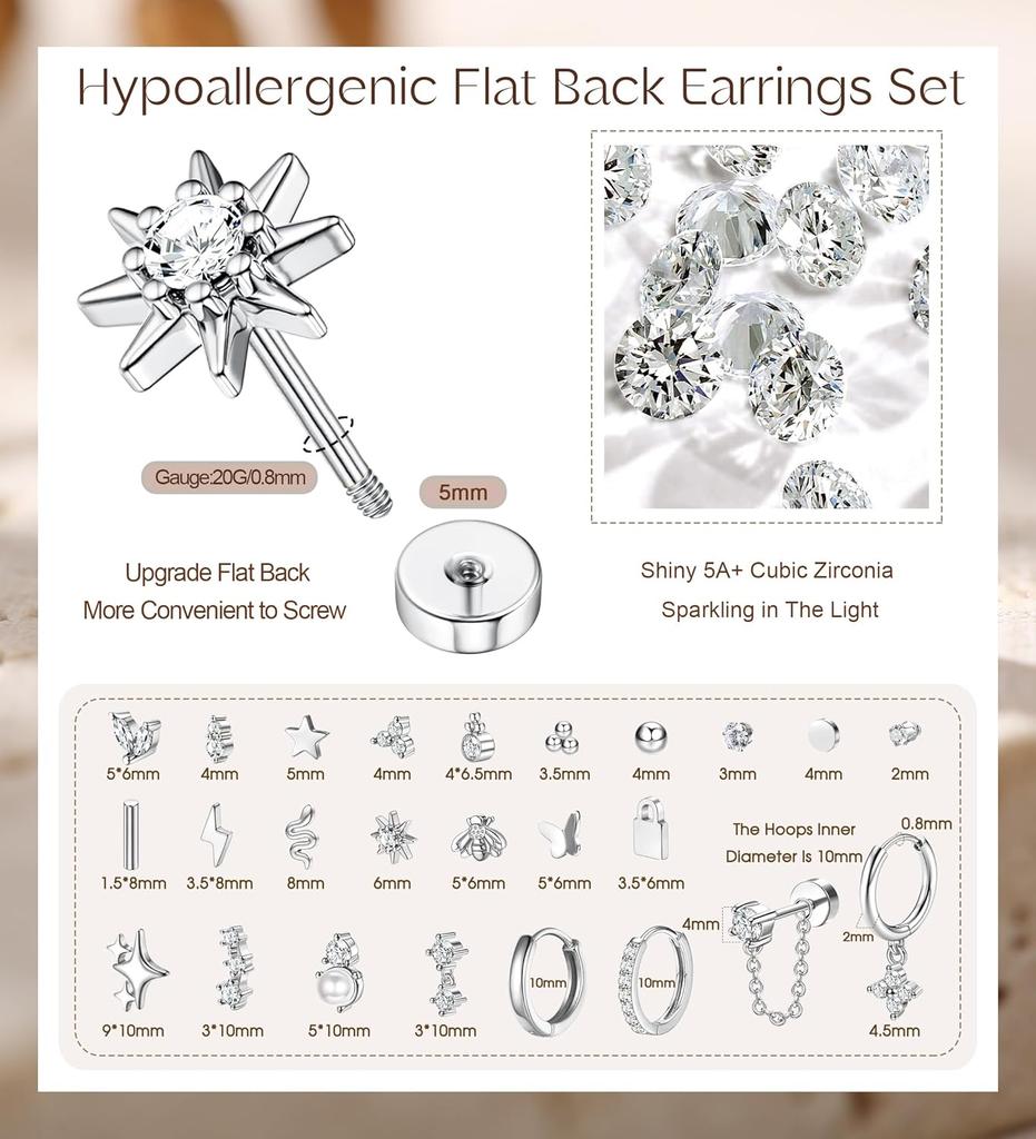 Bobisty 1pc Earrings for Sensitive Ears Surgical Stainless Steel Earrings for Women Dainty Flat Back Earring Stud Hoop Cartilage