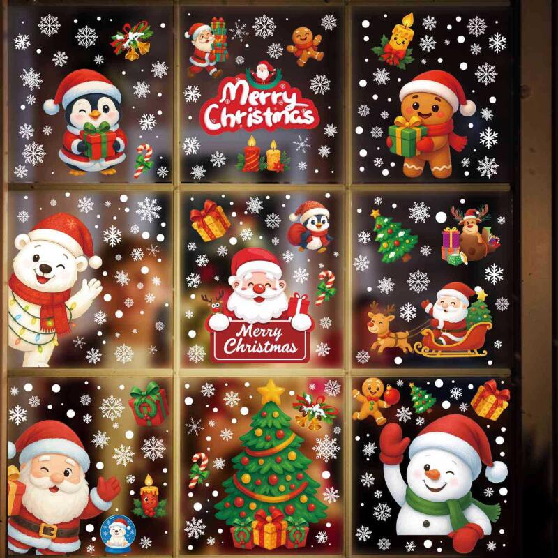 Christmas Static Cling Stickers - Reusable Santa Snowflake Window Decals for Glass Tiles with Slavic Folk Motifs
