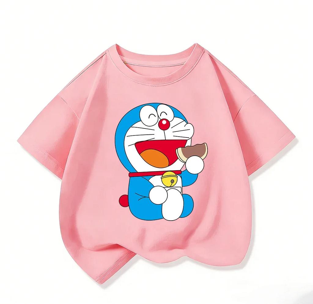 Cute Boys Girls Short Sleeve T Shirt Doraemon Cartoon Pattern Crew Neck Comfort Summer Casual Daily Wear 3 To 14Y