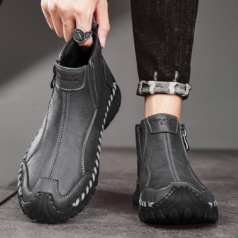 Fashion Natural Cow Leather Men Boots Handmade Retro Genuine Leather Winter Shoes Anti-slip Wear-resistant Comfortable Soft-soled Outdoo