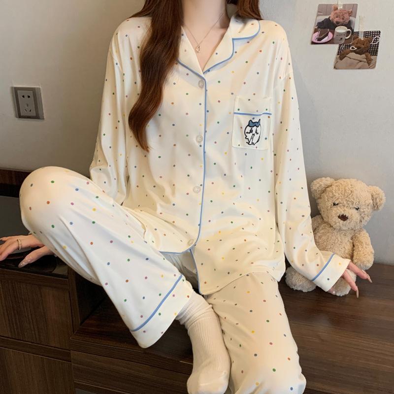 Imitation cotton ins style bow pajamas women's spring new fashion lazy long-sleeved loungewear two-piece set