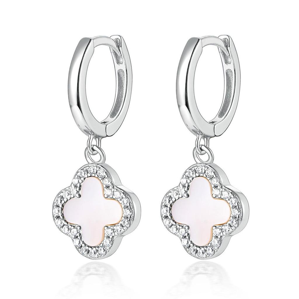 S925 Sterling Silver Four-Leaf Clover Earrings with Zircon, Black Agate, and White Mother-of-Pearl for a Luxurious High-End Look.