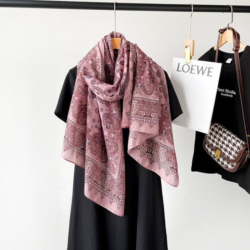 New Cotton and Linen Scarf Women's Autumn High-end Feeling Belt Buckle Printed Silk Scarf Angola Red Shawl