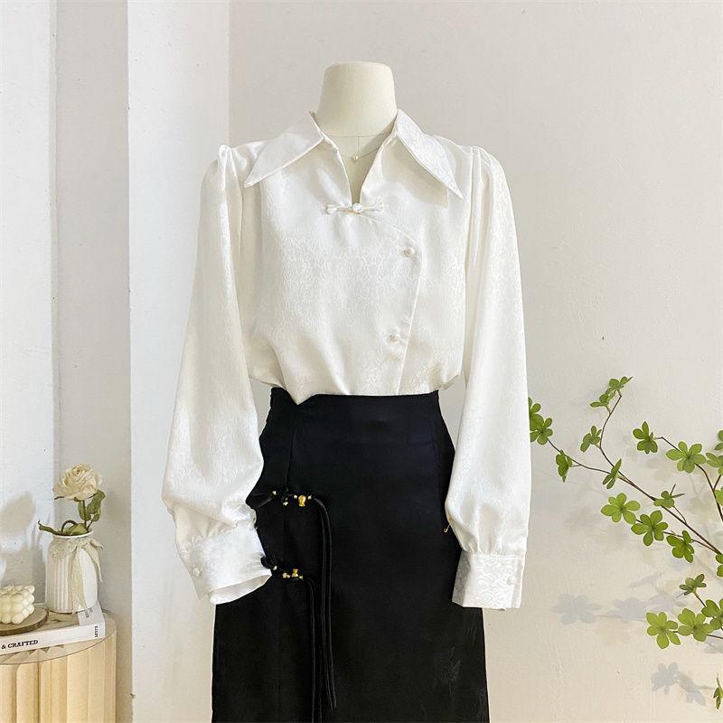 Women s Retro Jacquard Frog Button Lapel Long Sleeve Shirt - Chinese Style Spring Design Small