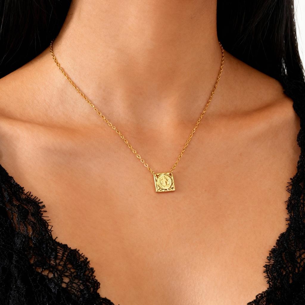Stainless Steel Saint Benedict Necklace Square Pendant Women's Gold Plated Geometric Necklaces,Holy Jewelry Gift