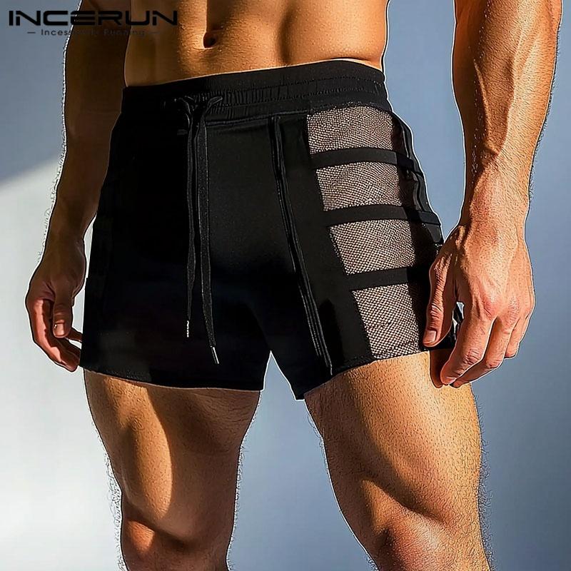 INCERUN Men Drawstring Elastic Waist Side Mesh Patchwork Shorts Pajamas
