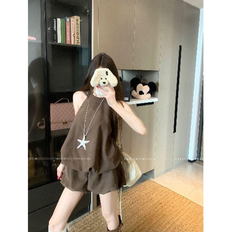 

Kumikumi Fashion Set Solid Hanging Neck Puffy Vest Women Summer High Waist Bud-Shaped Pants Casual Pants Two-piece Set Halterneck Tops One size