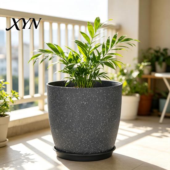 Indoor Planters for Plants Modern Plant Pot with Saucer, Gray Flower Decorative Pots Spaces Drainage Holes, Stone-Look Planter Outdoor Sturdy