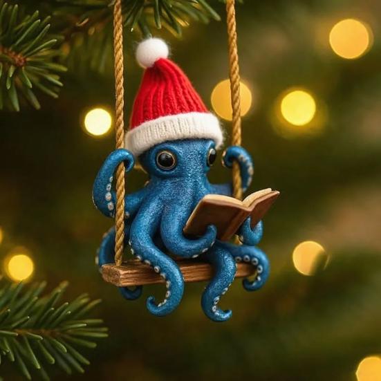 Blue Octopus Reading Christmas Ornament Festive Sea Creature Decorative Hanging Home Office Party Decor