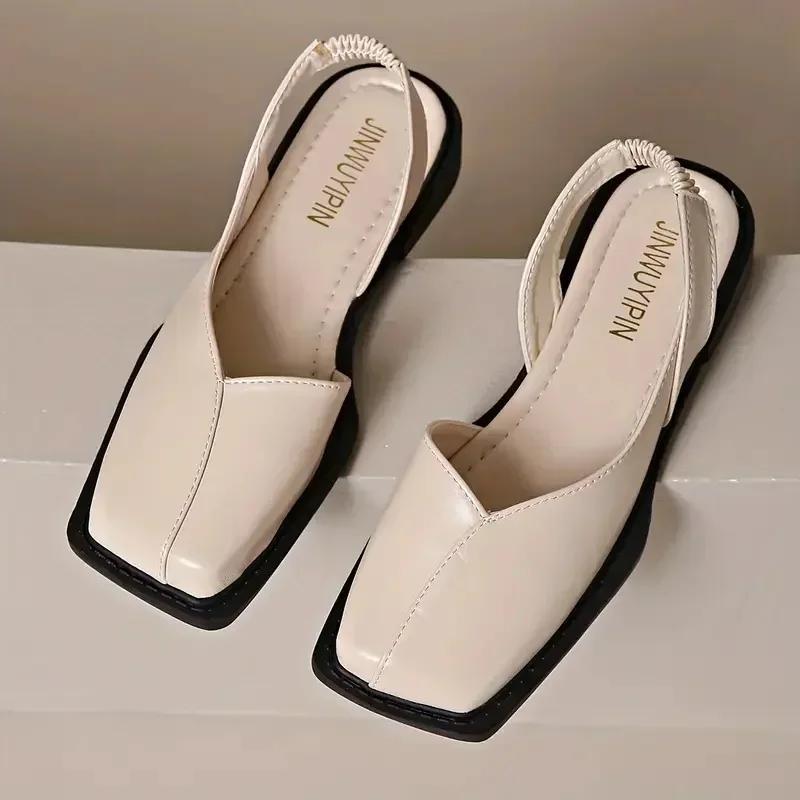 

Модные женские сандалии Модные сандалии на плоской подошве с эластичной лентой Женская обувь 2025 Новые летние элегантные сандалии Неглубокие туфли для вечеринок Сандалии с квадратным носком 35 бежевый