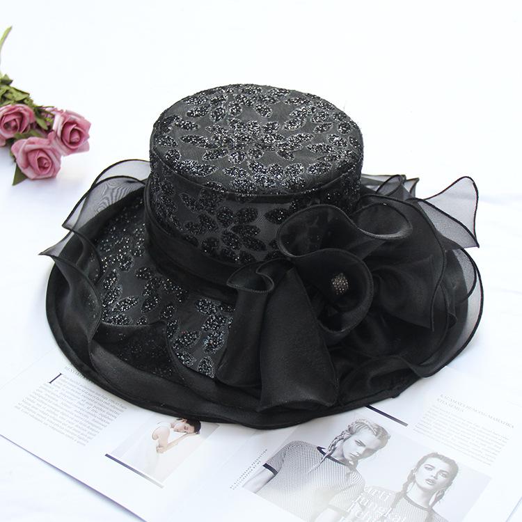Summer Women Beach Sun Hat   Flat Top Ribbon Chiffon Mesh Hat Elegant Wide-brimmed Sun Hat Outing Fashion Organza Flower Hat