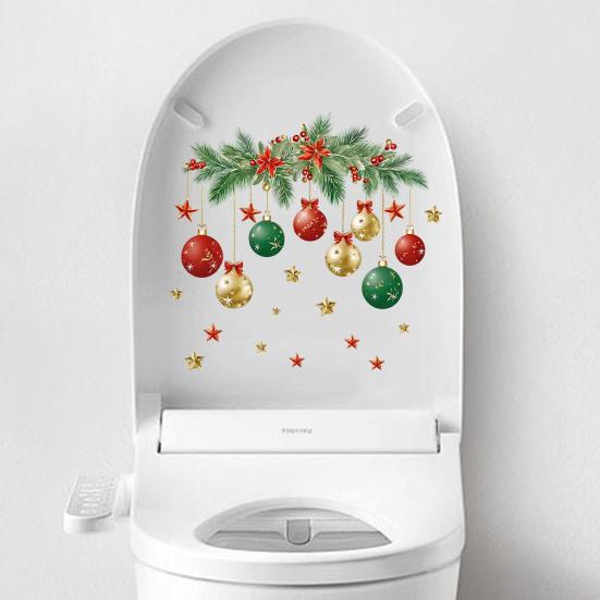 PVC Toilet Lid Sticker Christmas Ball Sticker, Removable Bathroom Wall Decoration Decal, Waterproof Decal for Holiday Party Pattern Decals