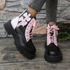 Sweet Pink Bowknot Mix Color Ankle Boots Women 2025 Autumn Thick Bottom Lace Up Boots Candy Punk Metal Decoration Booties Size42