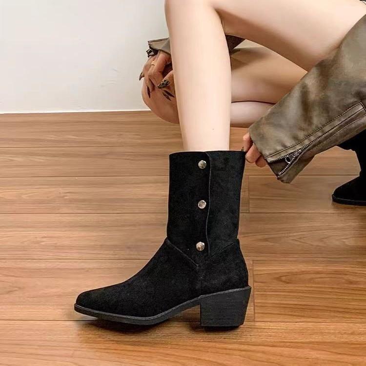 Frosted Cowhide Round Head Thick Heel Short Boots Brown Western Boots 2025 New Women's Boots Simple Fashion Middle Heel Boots Leather Boots
