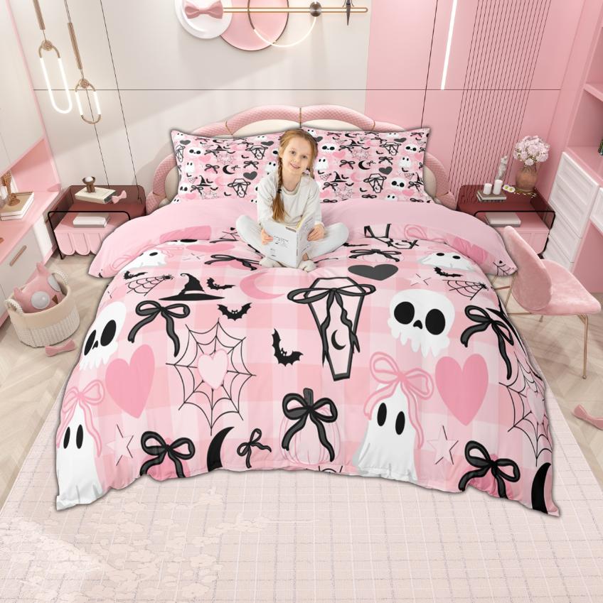 Homewish Cartoon Spooky Animal Duvet Cover Set Happy Halloween Theme Bedding Set Pumpkin Bat Ghost Quilt Cover Set Room Decor