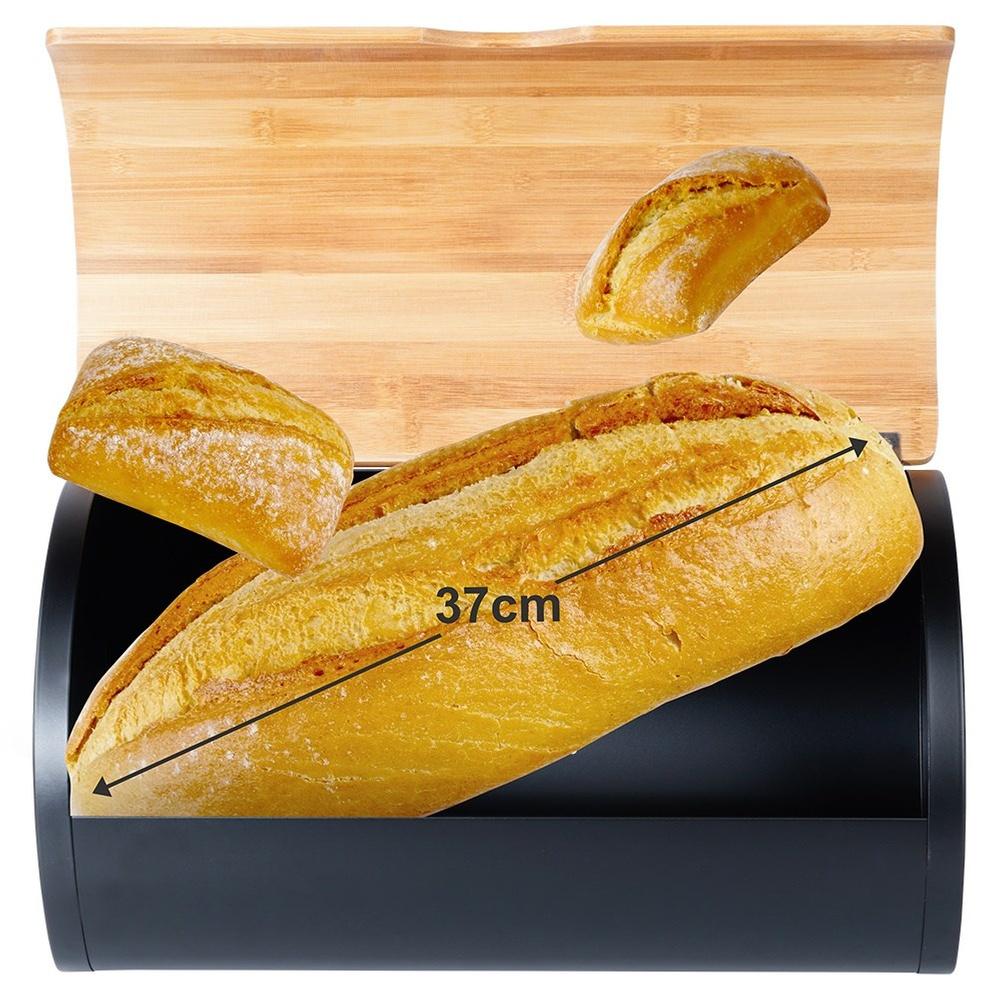Black Metal Bamboo Bread Bin Kitchen Container for Bread