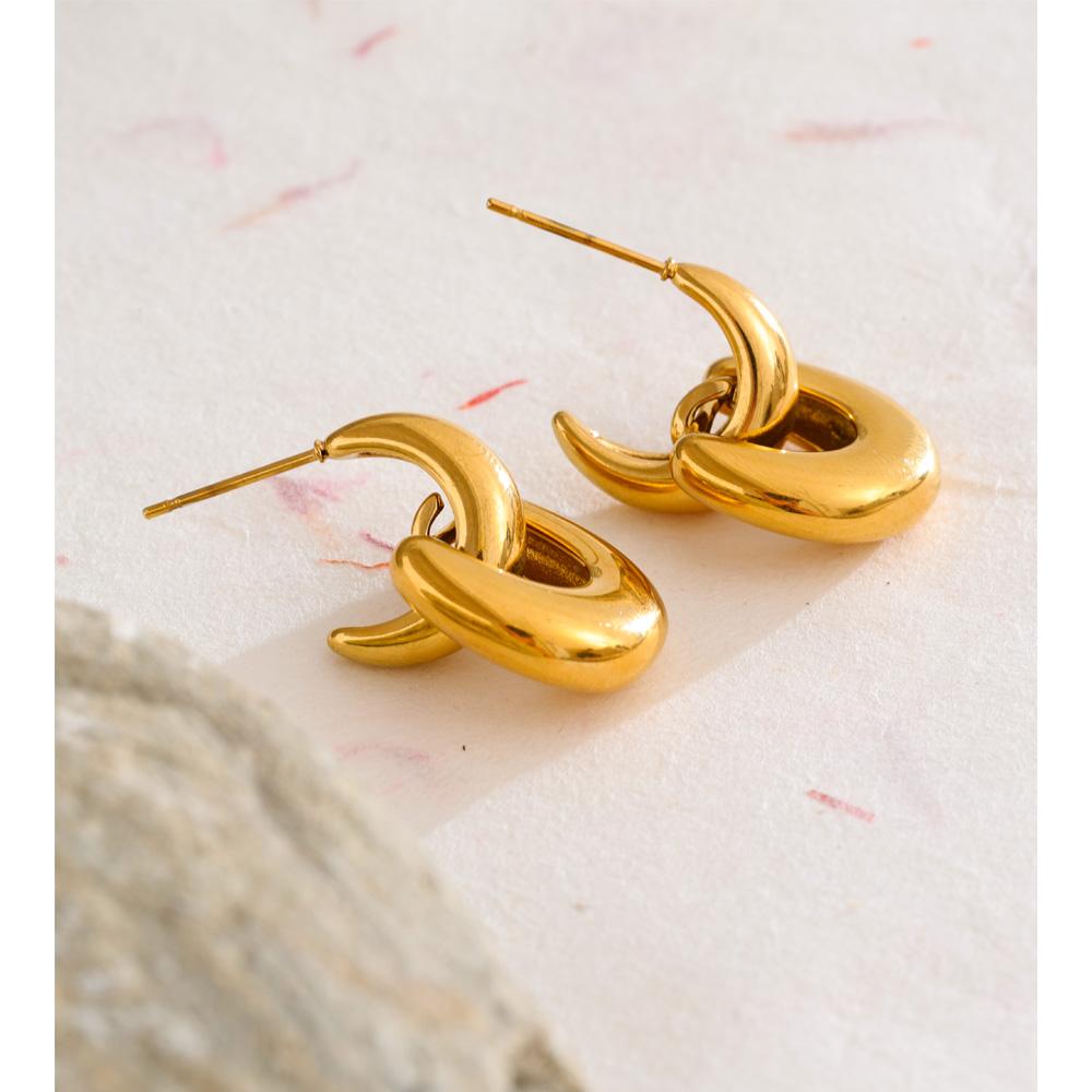 Yhpup Stainless Steel U-Shape Statement Earrings 18K Golden PVD Plated Texture Metal Daily Waterproof Jewelry Accessories