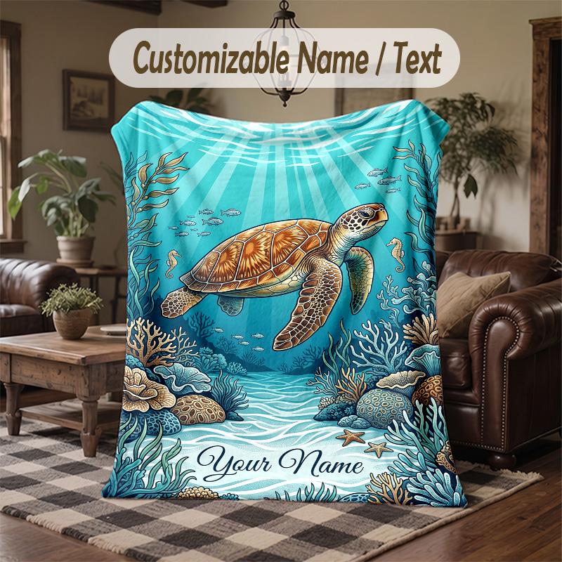Ocean Adventure Whales Theme Throw Blanket Custom Name Text Personalized Blanket Soft Cozy Blanket for Home Sofa Bed