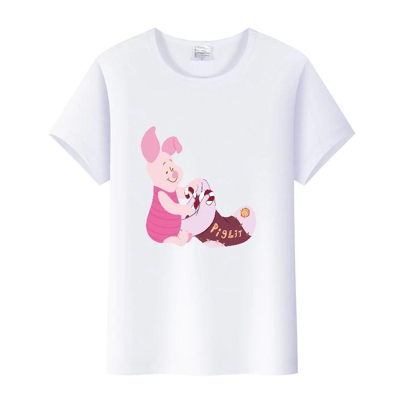 Kawaii Cartoon Pooh Bear Piglet Clothes Girl Top Womam T-shirts Loose Blouse White Tee Short Sleeve Streetwear 90S Shirts Unisex