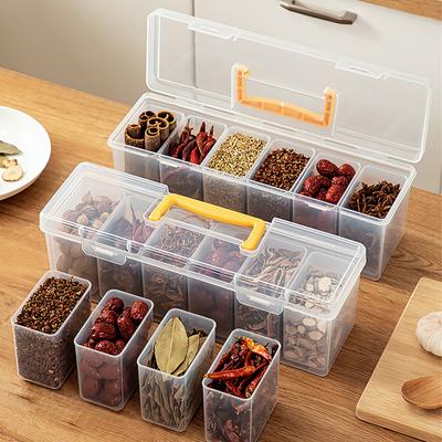 Boîte de Rangement en Plastique Scellée à 6 Compartiments avec Poignée Portable Grande Capacité Récipient de Rangement pour Épices Organisateur de Cuisine Transparent