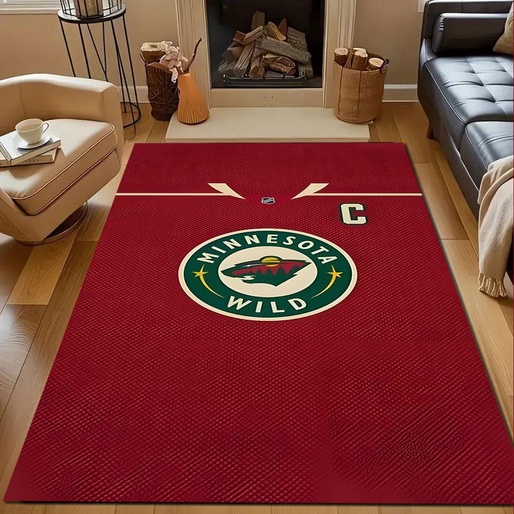 Minnesota Wild Team Logo On Red Background Patterned Carpet, Non Slip Mat Suitable for Living Room and Bedroom Sofas