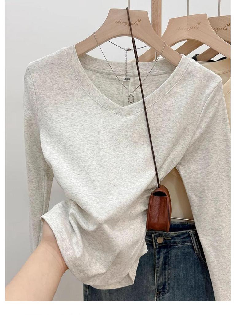 Damen V-Ausschnitt Slim-Fit Langarm-T-Shirt, Neuer Frühling/Herbst Stil mit Raffung an der Taille, Schickes Hot Girl Top, Vielseitiges Basic-Shirt.