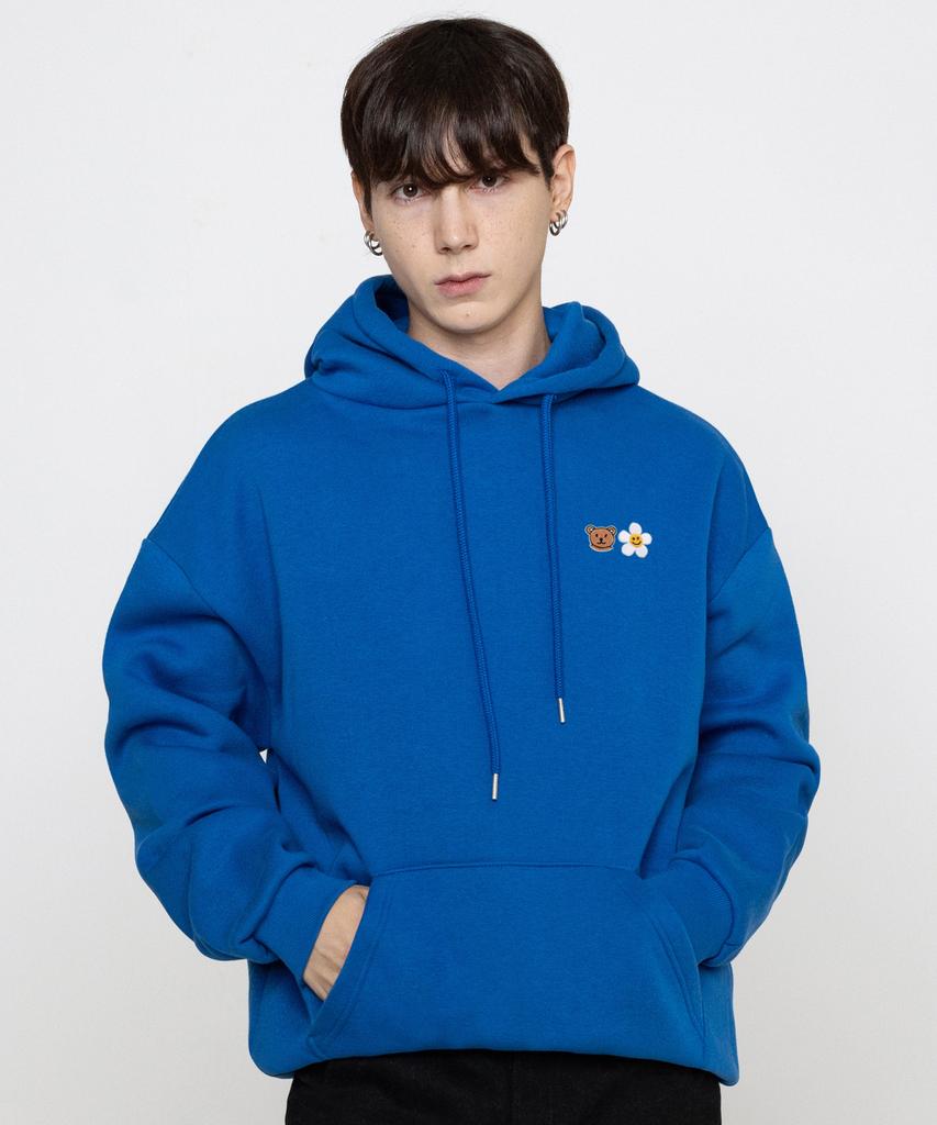 [Unisex] Small Flower Bear Face Embroidered Smile Hoodie_Cobalt Blue