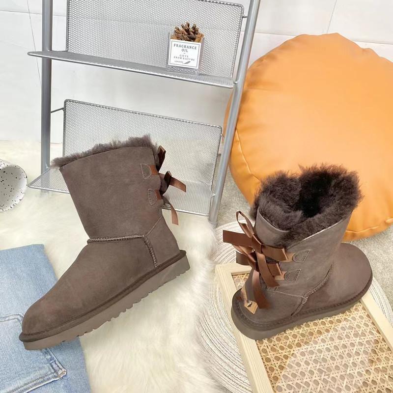 Winter Bow Snow Boots Leather Women's Medium Boots Tall Boots Fleece Thickened Warm Women's Boots