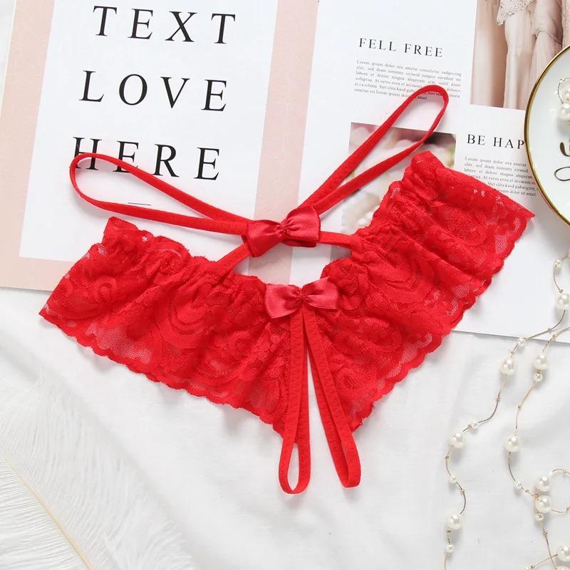 Sexy Lingerie Women Transparent G-strings Thongs Crotch Opening Lace Panties with Bowknot for Ladies