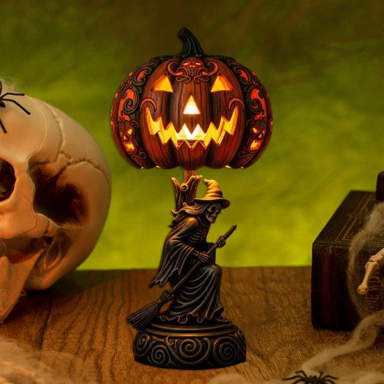 Pumpkin Night Light Halloween Horror Skeleton Ghost Witch Pumpkin Lantern Resin LED Tabletop Lamp for Gothic Room Desk Decorr