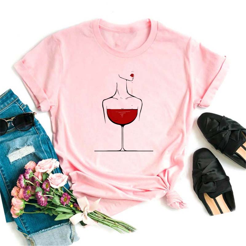New Women T-Shirt Casual Short Sleeve T Shirt Women's Fashion Rose Red Wine Glass Printed Black T-Shirt Female Tops Tees