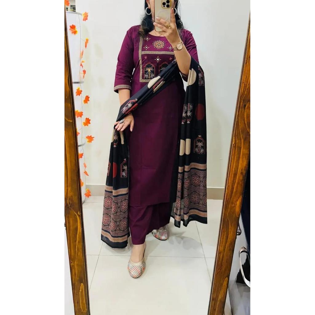 Indian Bollywood Heavy Cotton Kurta Set Women Party Wear Kurti Pant Dupatta Set