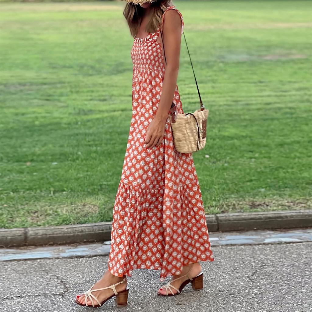 Women's Elegant Printed Elastic Waistband Dress With Holiday Style French Floral Strap Long Dress