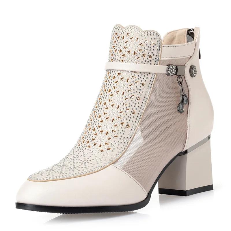 

Натуральная кожа сексуальные черные сетчатые ботильоны для женщин летние хрустальные квадратные каблуки сапоги женские белые кружевные короткие Botas Mujer 40 белый