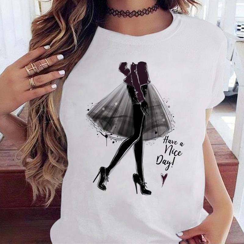 Women's Top Urban Girl Printed Casual White Cute Simple Retro Front Shoulder Pure Cotton Short Sleeved T-Shirts Women’s