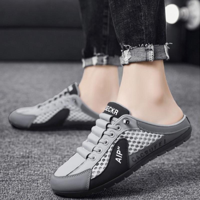Fashion Men's Slippers Summer Mesh Breathable Casual Shoes Soft Sole Support Half Slippers for Men Baotou Half Slippers Sneakers