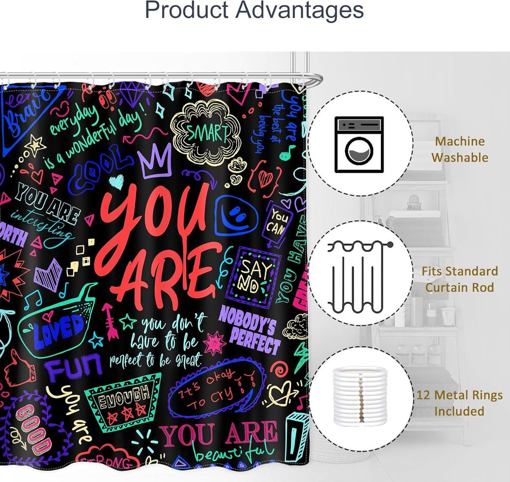 Neon Inspirational Quotes Shower Curtain, Colorful Funny Abstract Art for Kids Teens, Waterproof Bathroom Decor