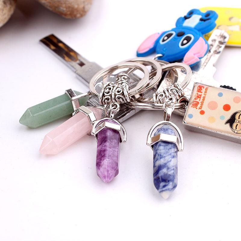 Hexagon Natural Crystal Column Original Stone Keychain Přívěsek