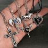 Gothic Style Metal Cross Love Skull Pendant Necklace Set Y2K Personalized Love Thorn Cross Black Bead Necklace