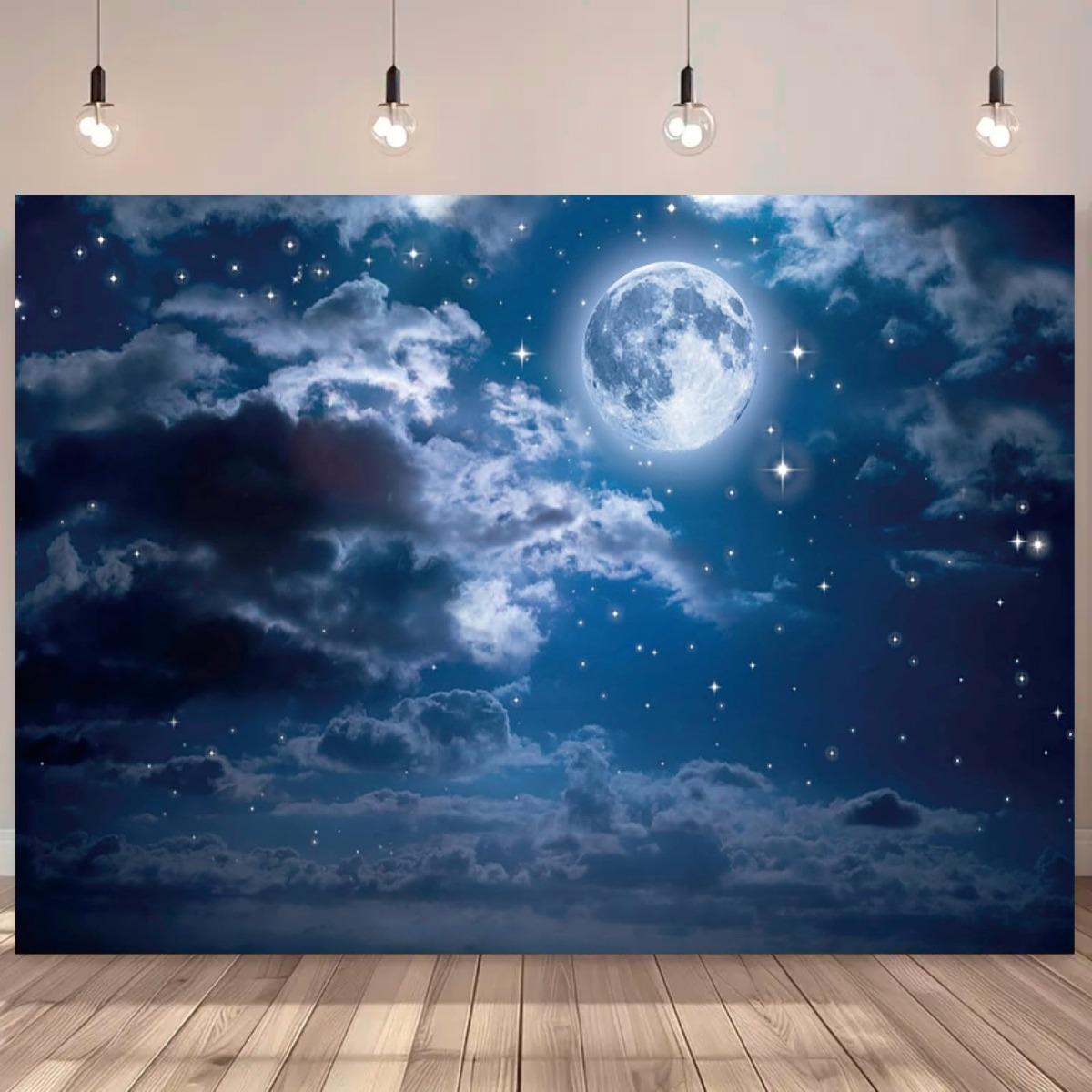 Polyester background fabric with the night sky and stars under the moonlight - suitable for birthday celebrations and parties 100x150cm